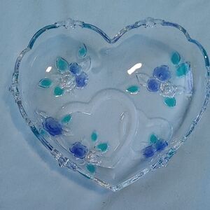 Clear Heart-Shaped Glass Dish with Blue Floral Design